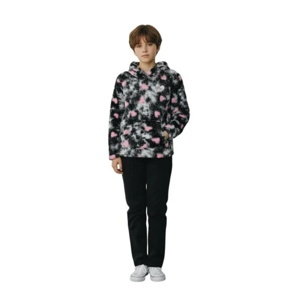 Betsey Johnson Hoodie Girls Size 7/8 Black Gray Pink Hearts Sherpa